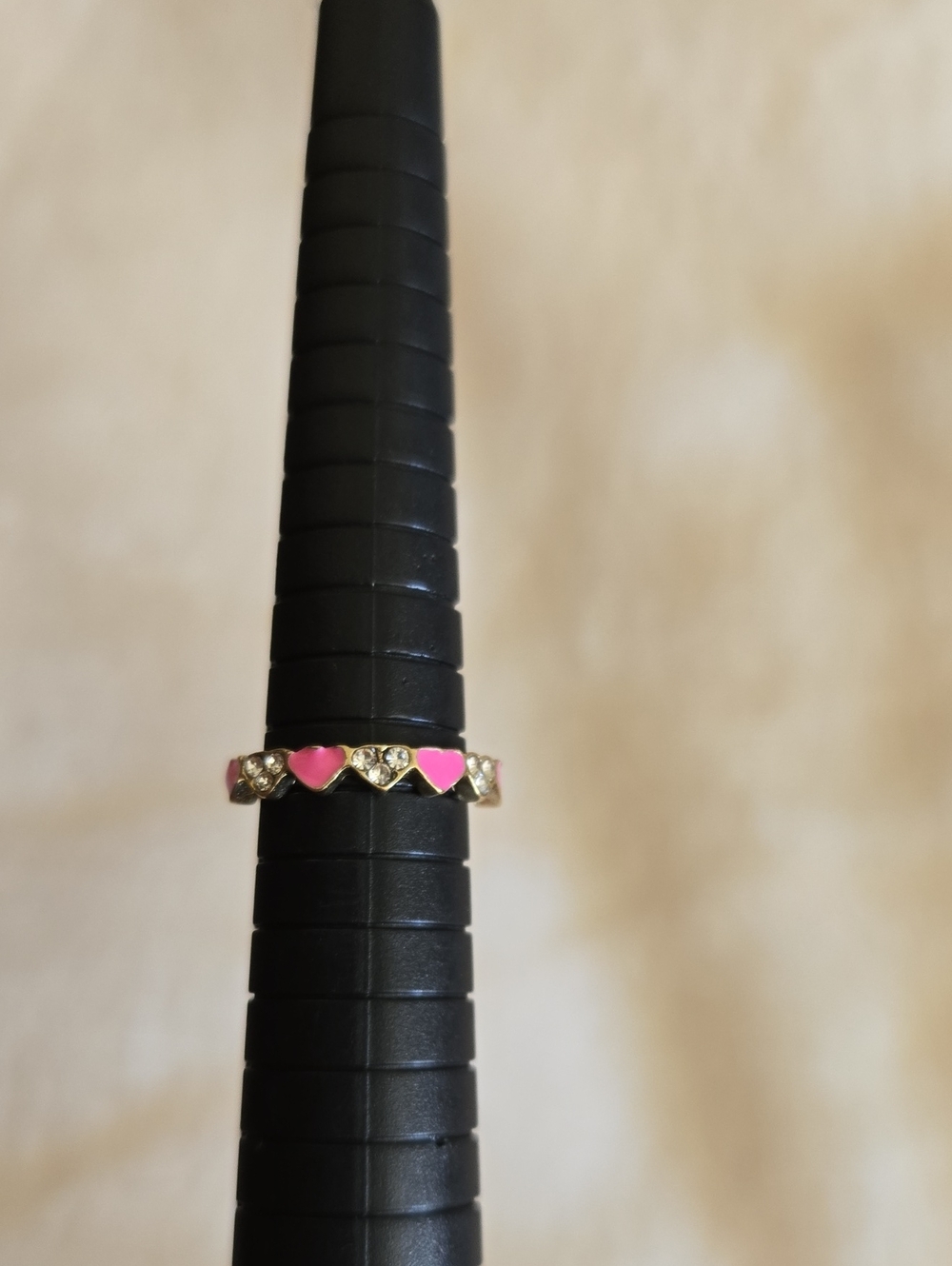 Gold Heart Band Ring with Pink Enamel and Crystal Accents.Size 5.5.